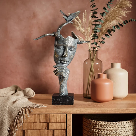 Sculpture "L'Envol de la Pensée" – Statue Visage Abstrait avec Oiseaux en Argent & Or